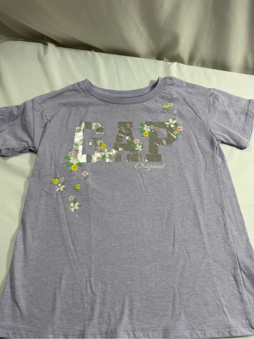GAP Lavender Tee with Silver Logo and Floral Accent